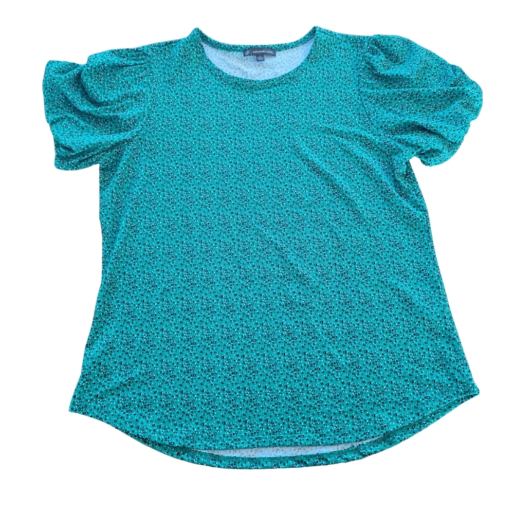 EUC Adrianna Papell Womens Small Green Cheetah Puff Sleeve Blouse Stretch
